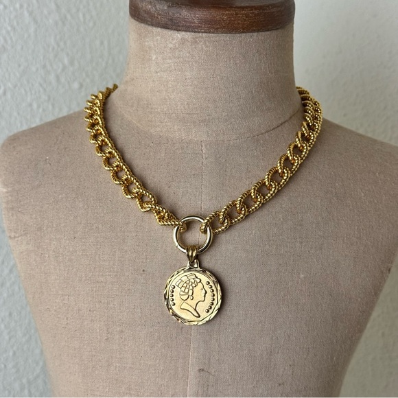 Handmade Jewelry - Upcycled Gold Tone Link Necklace with Queen Medallion Pendant